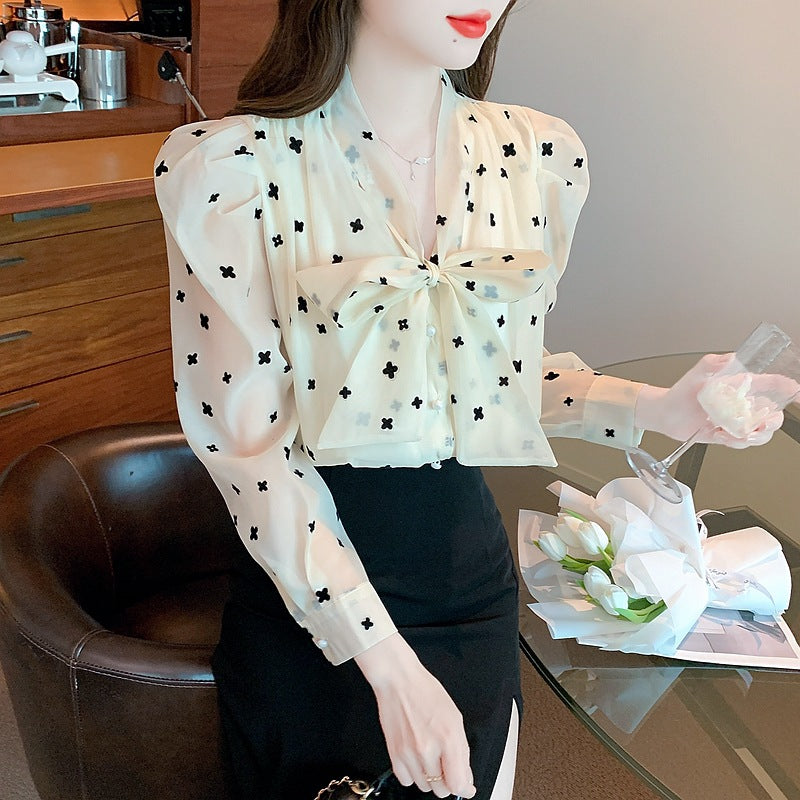 Flocking bow long-sleeved chiffon shirt women's spring 2025 new trend fashion design niche top