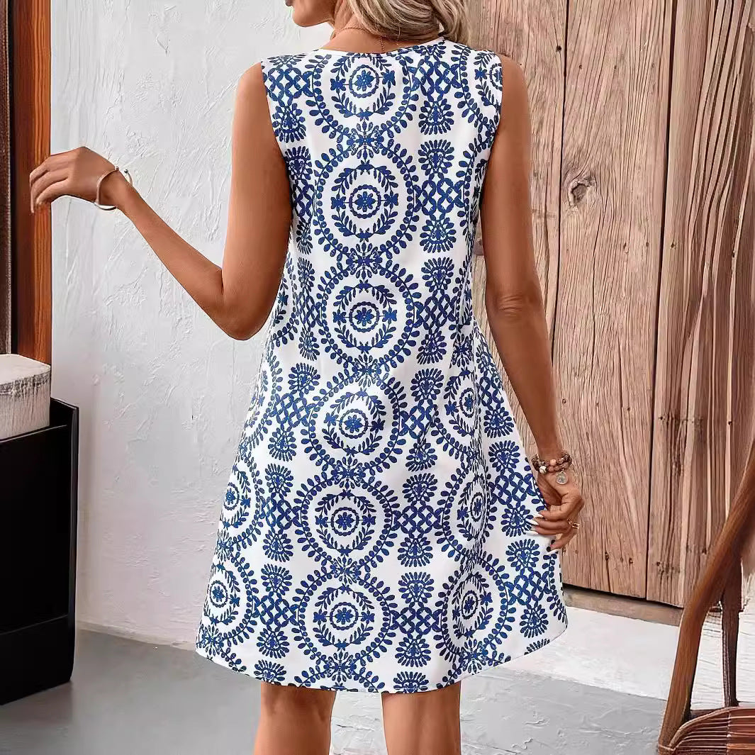 2025 Popular, , New summer new elegant U-neck burning printing sleeveless strap short dress
