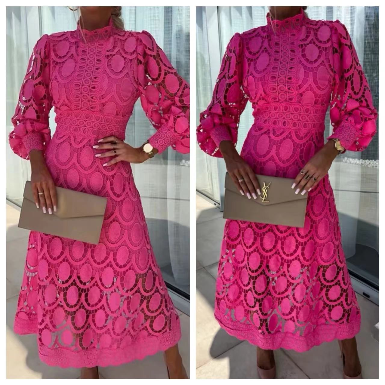 Spring New Style Lace Stand Collar Puff Sleeve Waist Slimming Dress Graceful European and American Long Dress