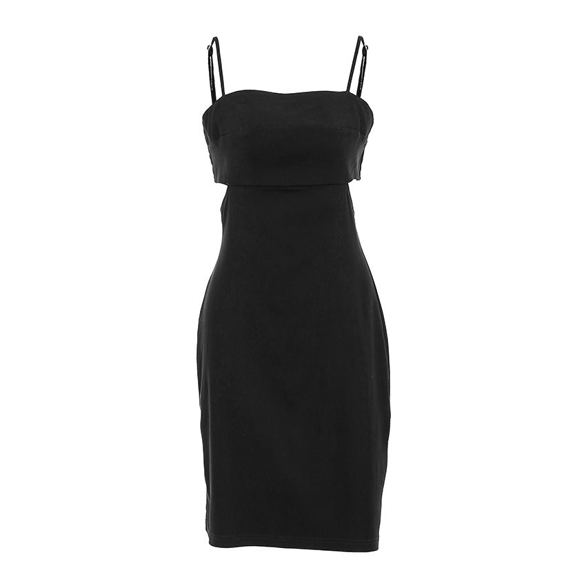2025 popular Summer Black Mysterious Sexy Suspender Square Neck Hollow Dress Hot Trade Slim Women's Short Skirt