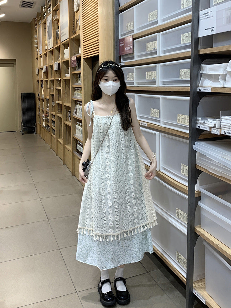 LOVERCCR Retro Tassel Splicing Sling Dress Female Spring New Sweet Vacation Style Temperament Slimming Long Dress