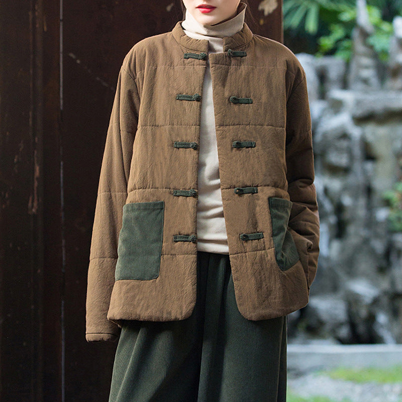 Padded and thickened padded jacket for women popular winter loose Tang suit buckle ethnic style cotton-padded clothing Zen tea clothing retro cotton-padded clothing
