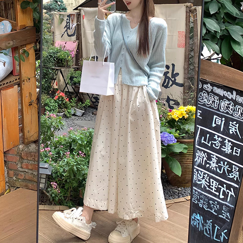 Gentle White Polka Dot Long Skirt for Women Simple Elastic Waist Cover Slim A- line Super Fairy Skirt Spring