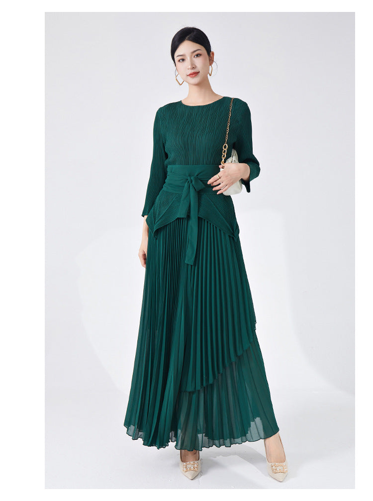2025 Spring and summer new women's clothing long-sleeved T-shirt women's high-end pleated texture bottoming shirt versatile solid color textured top women