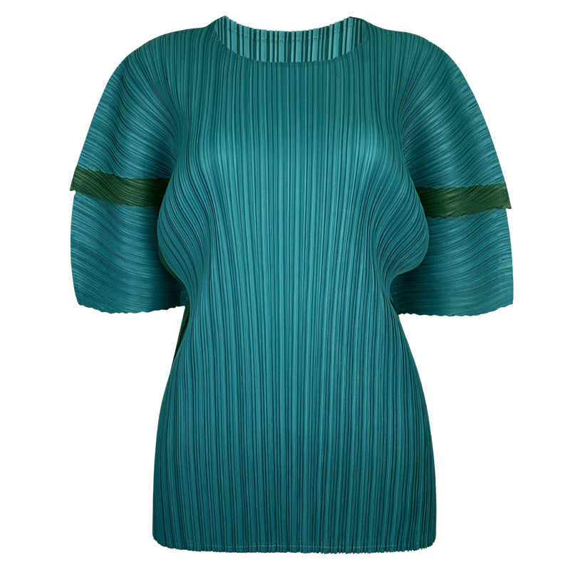 summer large size women's clothing new contrasting colors casual style pleated design sense simple loose splicing top women's summer