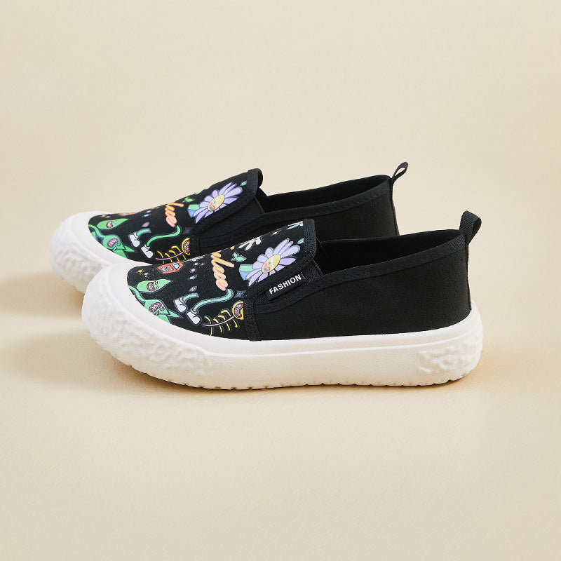 new summer canvas shoes women's thick soles increase in height lazy one pedal printing breathable casual street shot FB5508