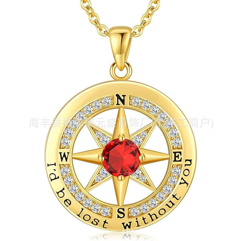 HOT and NEW Cross Border S925 Sterling Silver Compass Compass Necklace Female Twelve Birthstone Pendant Clavicle Chain
