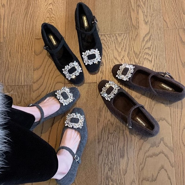 2025 2025 new autumn and winter velvet Mary Jane fluffy shoes thick heel high heel black square head rhinestone single shoes women's shoes