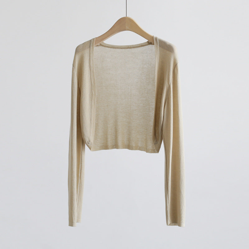 2025 summer ice silk cardigan long-sleeved buckle-free shawl ultra-thin knitted sunscreen shirt slim-fitting outer women's air-conditioning shirt collar