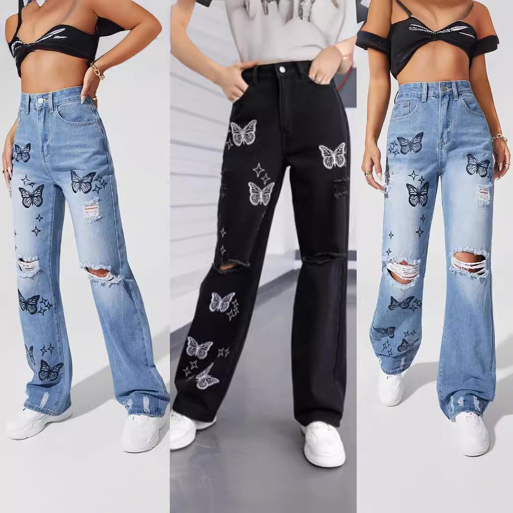 New European and American Wish Embroidery Ripped Fashion Denim Skinny Pants Female 69310