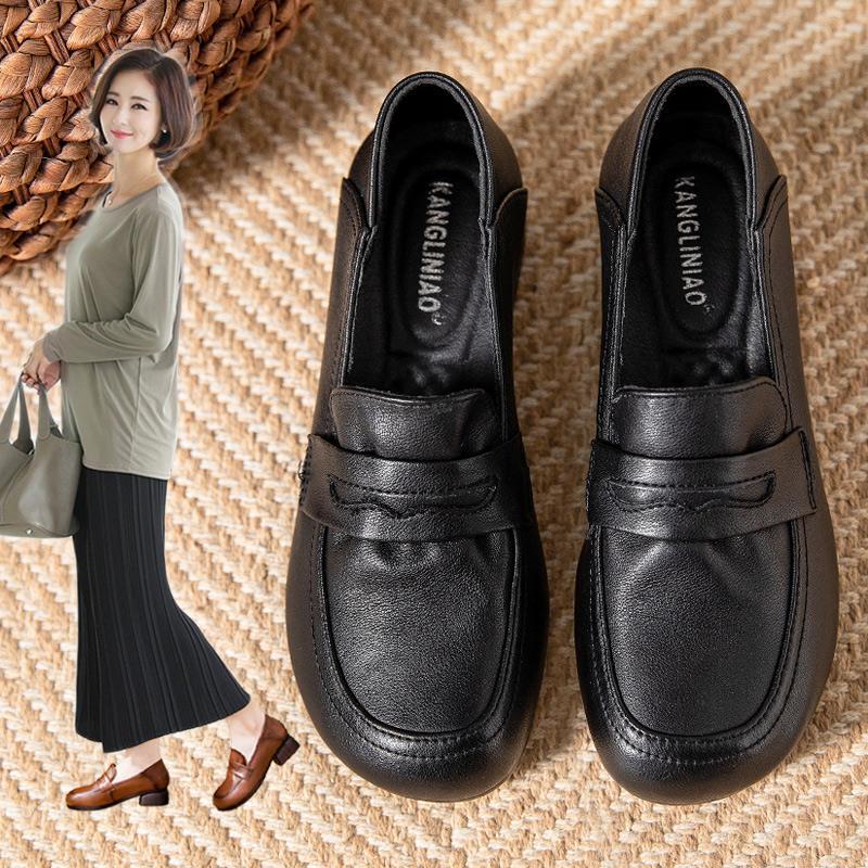 loveccr Spring and Autumn Middle-Aged Brand Soft Bottom Mom Shoes Genuine Leather Mid-Comfortable Women's Shoes Middle-Aged and Elderly Heel Shoes Leather Shoes Non-Slip