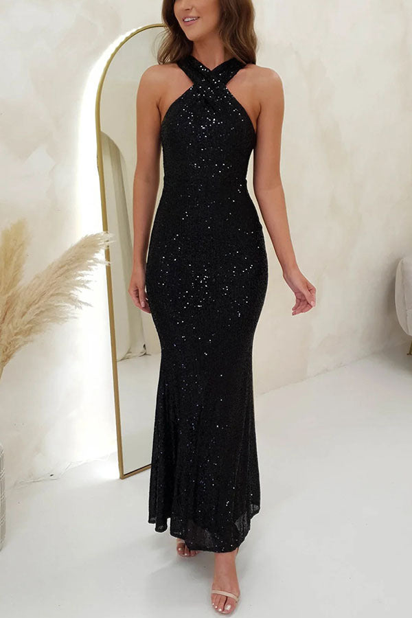 LOVECCR Cross-Border Foreign Trade Independent Station New European and American Sexy Backless Sleeveless Sequined Maxi Dress Evening Dress