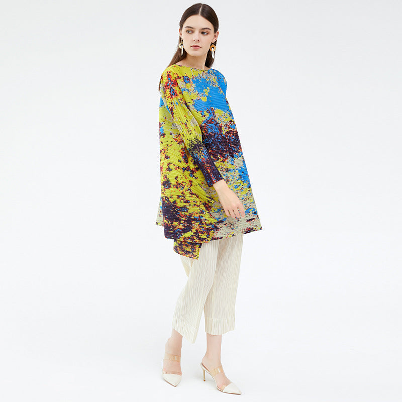Miyake spring new irregular contrasting color long-sleeved casual niche top women's starry sky printing fashion T-shirt