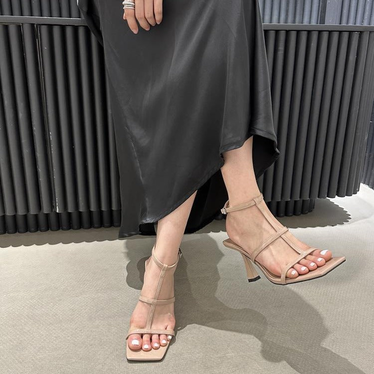 loveccr South Korea Roman Shoes Summer New Square Toe Open Toe Stiletto Heel Sexy Fashion Women's Sandals Thin Cross Straps