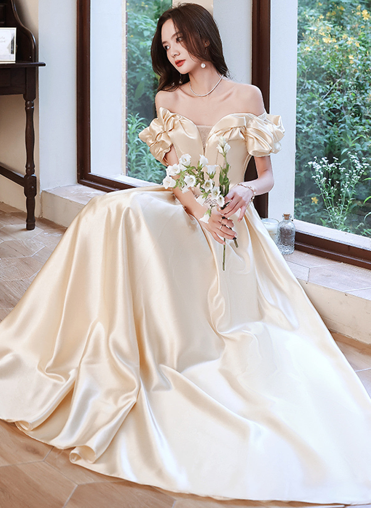 LOVECCRChampagne Satin Long Off Shoulder Prom Dress, A-line Beaded Evening Dress