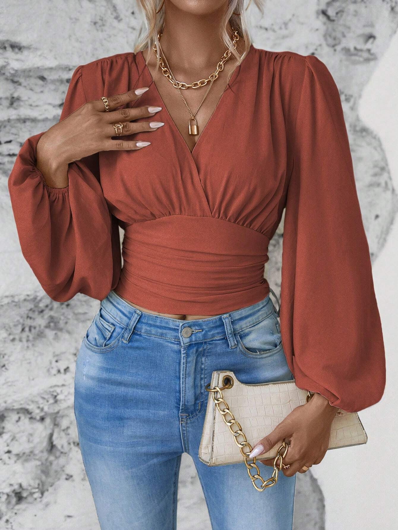 2025 popular Popular, , New spring and autumn new fashion waist V-neck bag sleeve solid color wrinkled T women's long-sleeved top