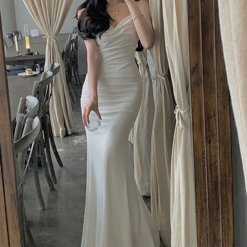 LOVECCR Jinqian White Strap Dress Women's Spring and Summer New Elegant Adult Lady like Woman Style Sheath Long Skirt Swing Collar Fashion