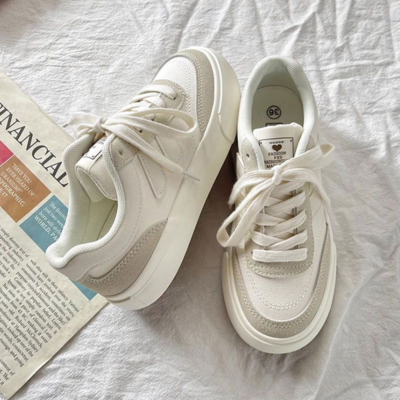 loveccr Women's Thick-Soled Canvas Shoes Spring and Autumn New Niche Original Retro Versatile Sneakers Hong Kong Style White Shoes for Students