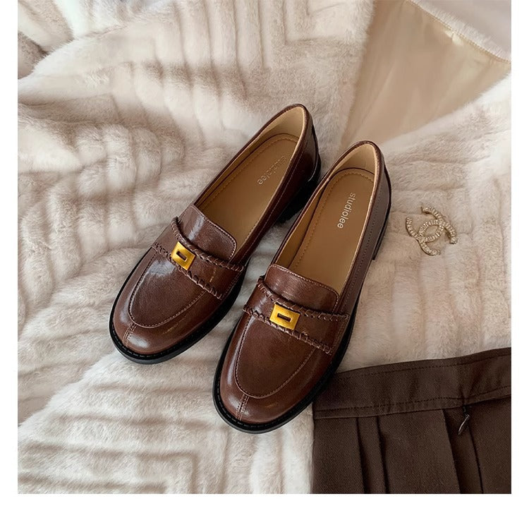 2025 Cowhide version~ British style leather one-pedal versatile loafers women's new retro thick heel low heel small leather shoes
