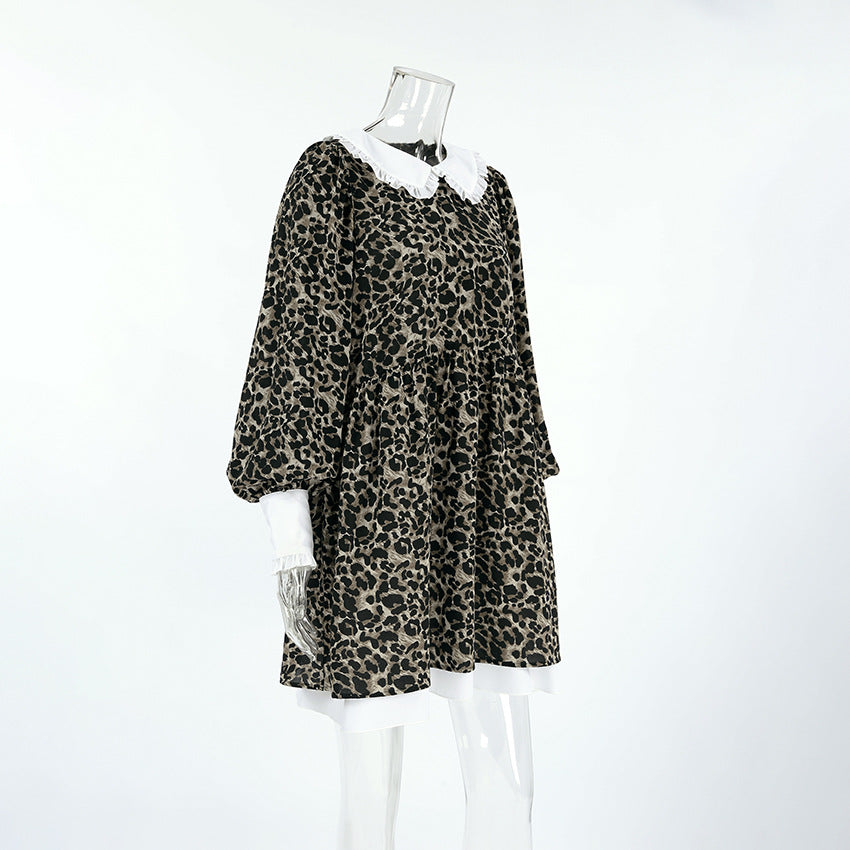 2025 Leopard print V-neck bubble sleeve splicing ruffle leaf edge pullover dress popular new spring fashion wholesale women