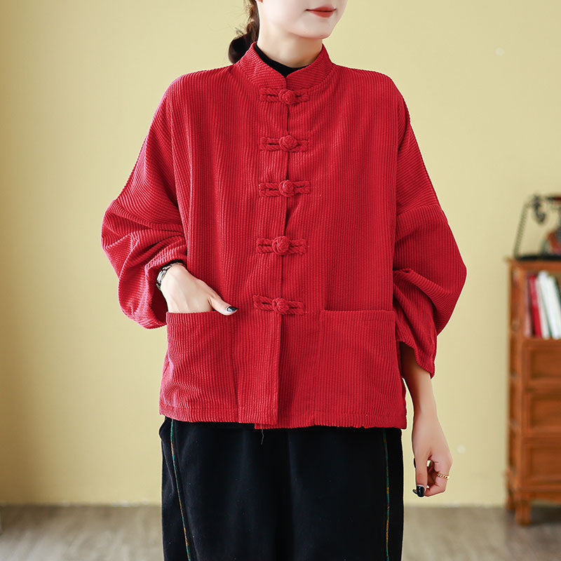 Real popular autumn and winter retro corduroy loose Tang suit old ethnic style tea suit pair of placket buckle stand-up collar jacket