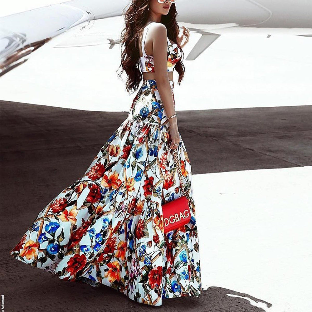 2025 New new spring and summer 2025 women's clothing temperament sexy suspender sleeveless suit printed backless beach skirt