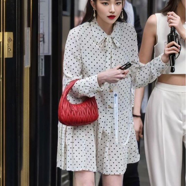 retro printing polka dot stand-up collar long-sleeved dress summer new slim-fit pleated medium-length dress L6086