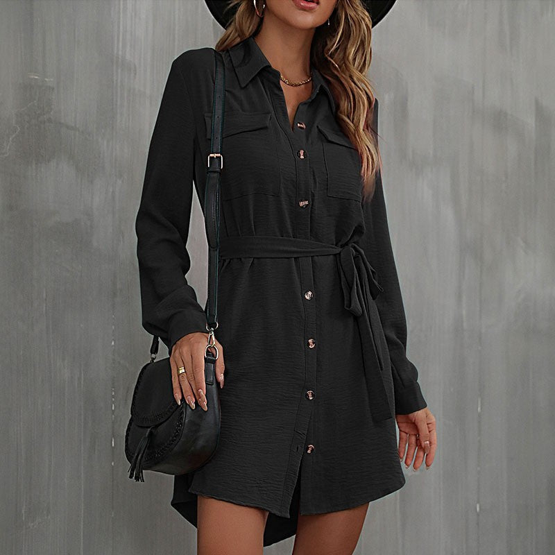LOVECCR Hot autumn 2025 cardigan shirt lapel women's commuter lace-up shirt dress