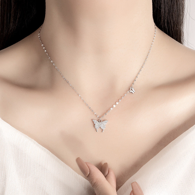 LOVECCR Sterling Silver S925 Butterfly Necklace Female Special Interest Light Luxury High-Grade Hot Clavicle Chain Birthday Gift for Girlfriend
