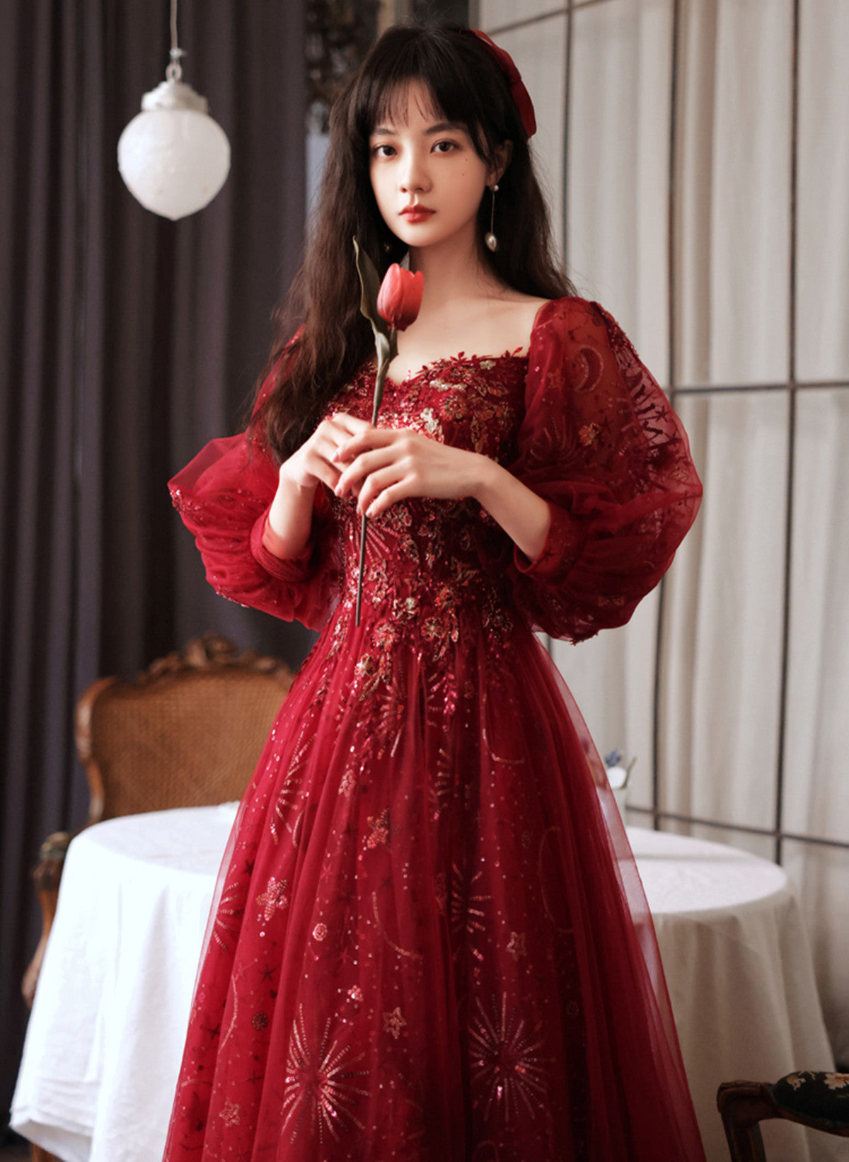 LOVECCRWine Red Tulle Shiny Tulle Puffy Sleeves Prom Dress, Wine Red Long Party Dress