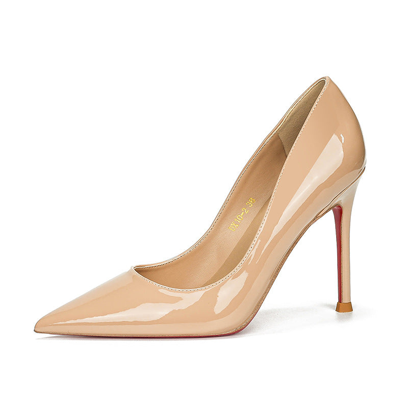 loveccr Nude Color Side Empty Red High Heel Shoes Women's Stiletto Heel New Pointed Low-Cut Patent Leather Sexy Temperament Genuine Leather Pumps