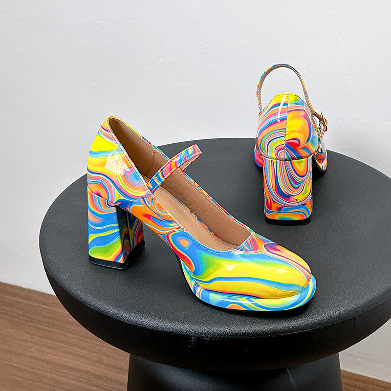 2025 2025 style round head high heels women's 2025 summer new one-word buckle with waterproof table thick heel temperament large size sandals