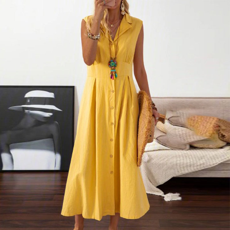 LOVECCR European American Summer New Skirt Lapel Women's A- line Vintage Cotton Linen Long Dress