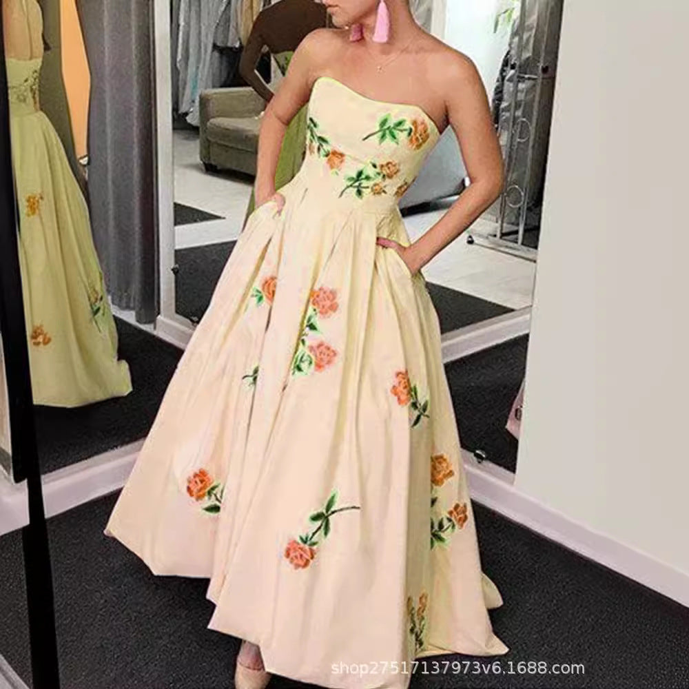 LOVECCR New Cross-Border Foreign Trade European Size Women's Clothing Independent Station Waist Digital Printing Tube Top Tuxedo Dress