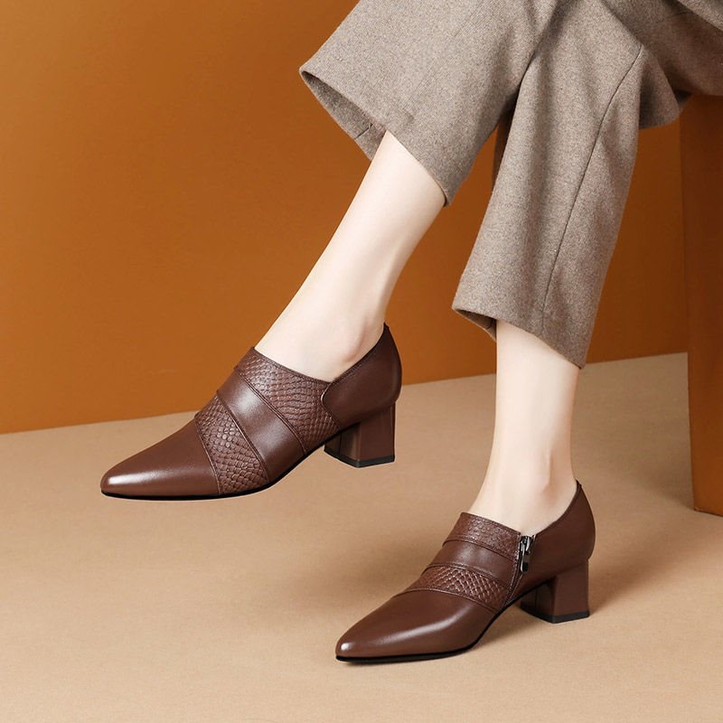 loveccr Spring Deep Mouth Pumps Women's Shoes New Genuine Leather Chunky Heel High Heel Shoes All-Match Brown plus Size Ankle Shoes