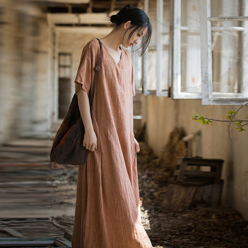 Summer Linen Cotton Thin Tie-Dyed Original New Chinese Long Dress Home Travel Literary Style Women's Dress