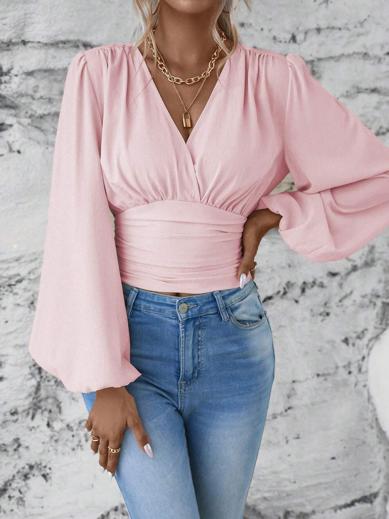 2025 popular Popular, , New spring and autumn new fashion waist V-neck bag sleeve solid color wrinkled T women's long-sleeved top