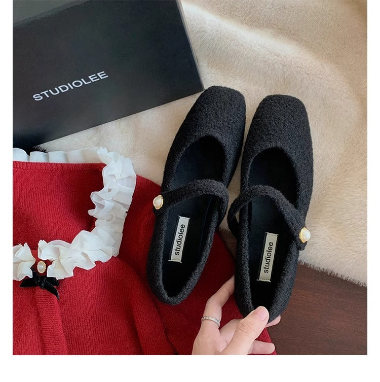 2025 Sheepskin version~ Woolen square head shallow mouth single shoes 2025 temperament elegant gentle velvet warm word Mary