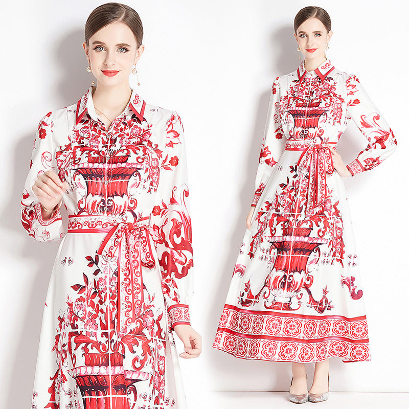 Retro court style long-sleeved lapel waist thin lace-up celadon printed a-word dress elegant dress long dress