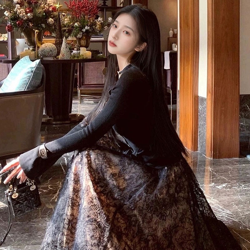 Pure desire wind lace temperament fishtail long dress winter thin advanced sense sexy waist slim M1551