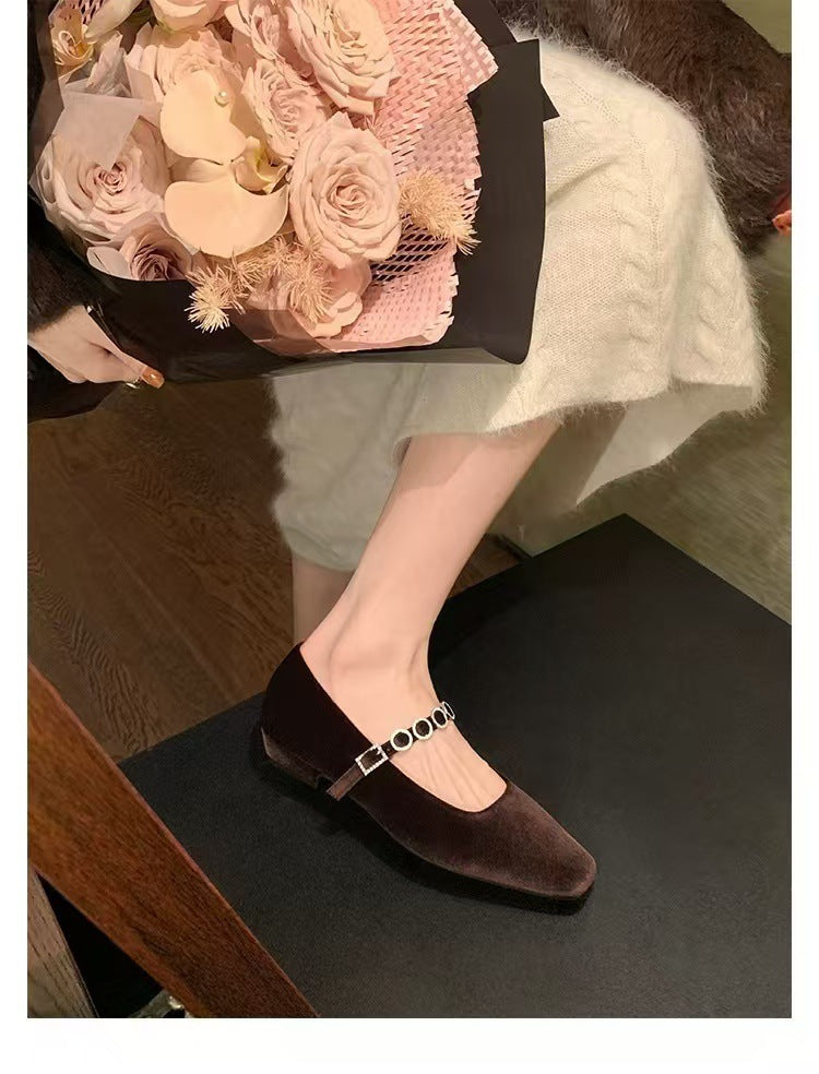 2025 Sheepskin version~ Grape mother square head shallow mouth high heels one-word diamond belt versatile commuter Mary Jane single shoes women