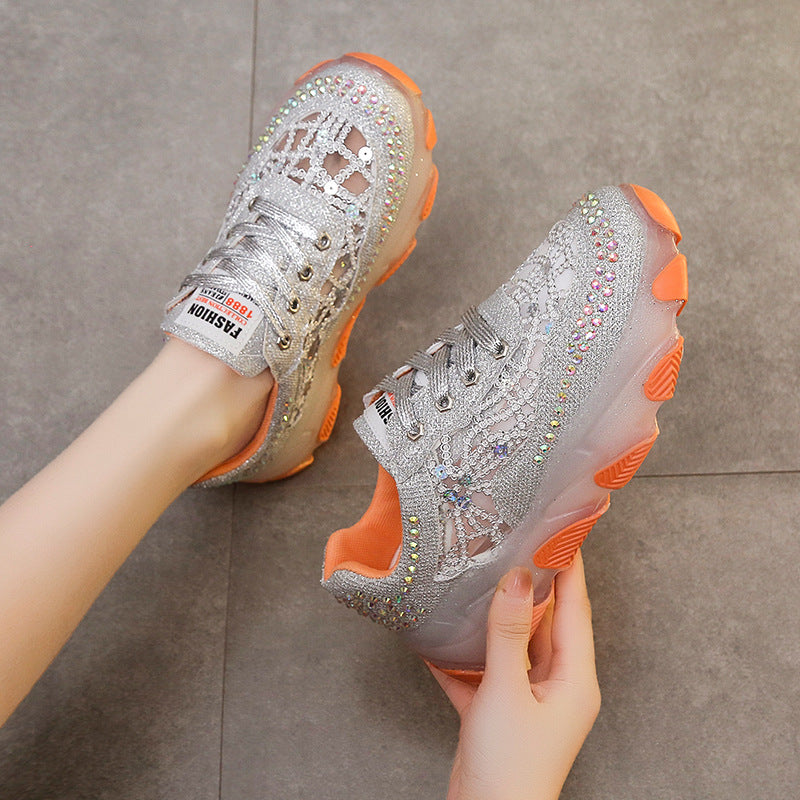 loveccr Breathable Rhinestone Dad Shoes Women Summer New Korean Style Lace Jelly Thick Bottom Casual Sneaker Women Wholesale