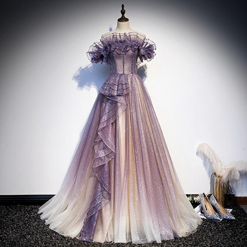 LOVECCR Purple Evening Dress New Summer Women's off-Shoulder Elegant Graceful Long Chorus Costume Dress