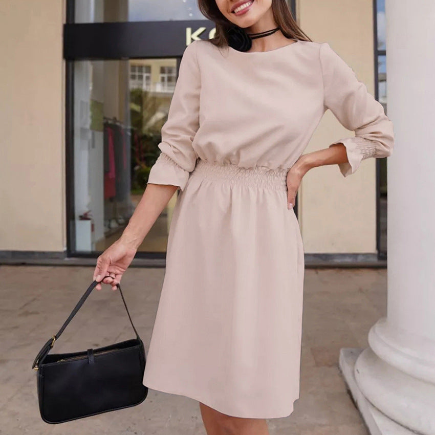 2025 Burgundy round neck lantern sleeve high waist pullover dress popularwildberries spring hot new product women