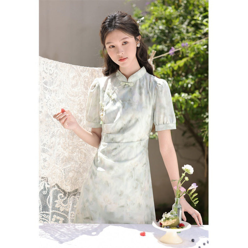 LOVECCR Fresh Style Green Floating New Chinese Style Light Green Short Sleeve Dress Ancient Style Tight Waist Niche Elegant Thin Fresh Cold Style Cheongsam