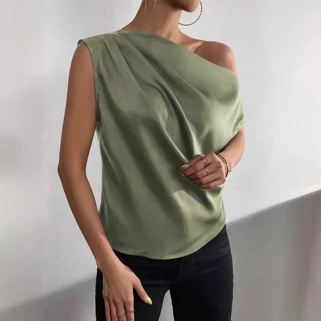 2025 Popular, , New women's clothing summer new fashion versatile diagonal collar pinch pleated shoulder asymmetrical vest