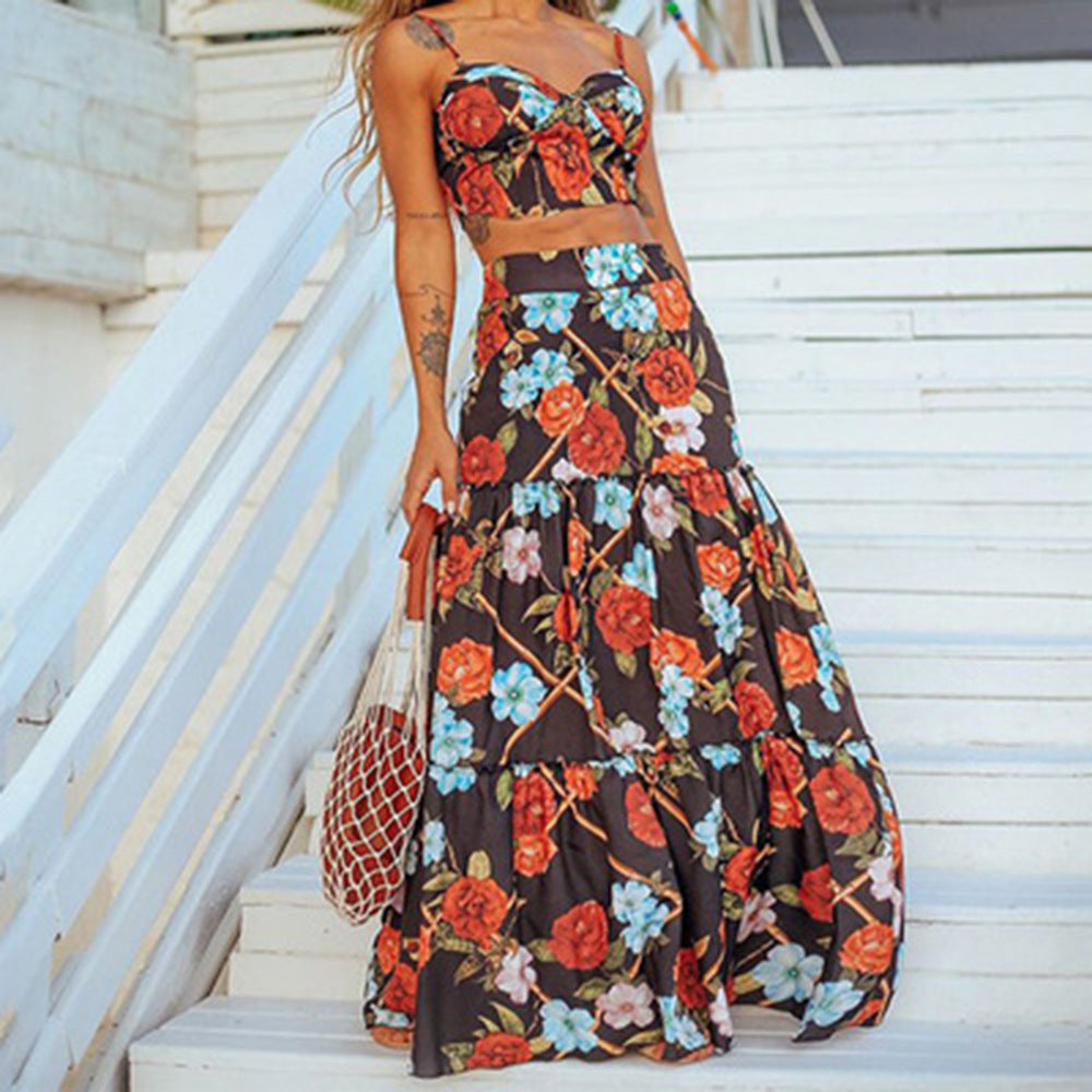 2025 New new spring and summer 2025 women's clothing temperament sexy suspender sleeveless suit printed backless beach skirt
