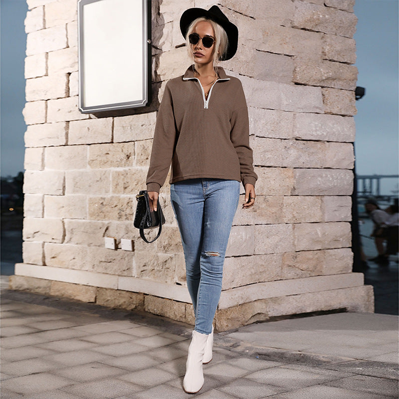 LOVECCR Strictly selected foreign trade Hot new 2025 casual tops zipper long-sleeved lapel knitted sweater