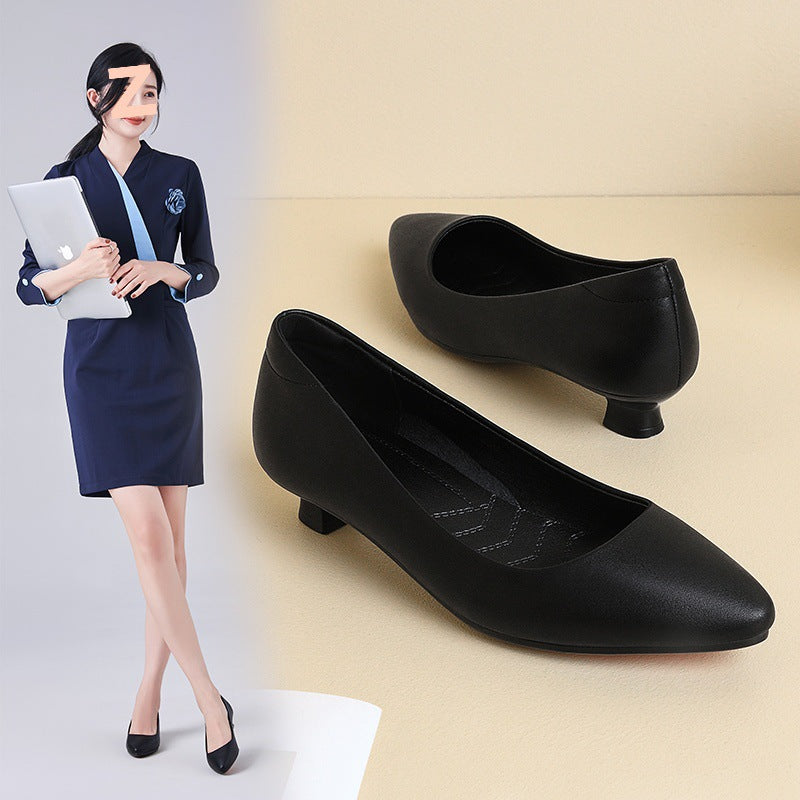 loveccr Genuine Leather Stewardess Work Shoes Women's Black Leather Shoes Small Heel Professional Business Workwear Formal Wear Mid-Heel High Heel Interview Women's Shoes
