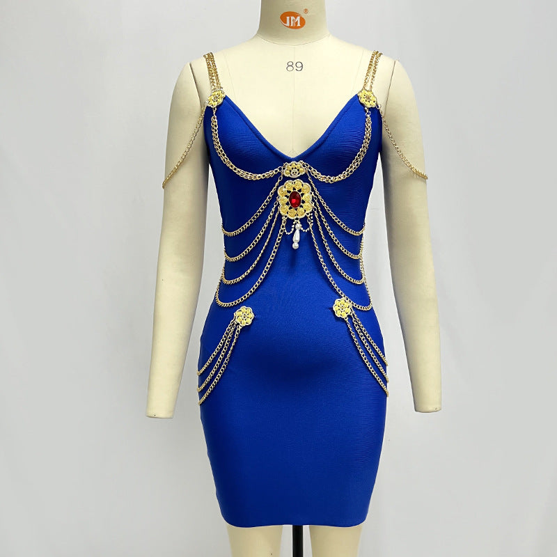 LOVECCR European and American Tide Brand Women's Clothing Dress High Quality Heavy Industry Gold Chain Sexy Bandage Evening Dress